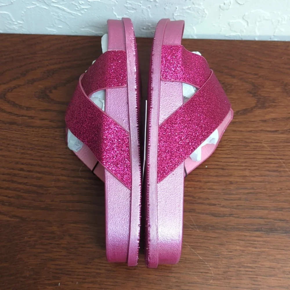 Rampage Fuschia Glitter Criss Cross Flat Slide Sandals Size 13/1